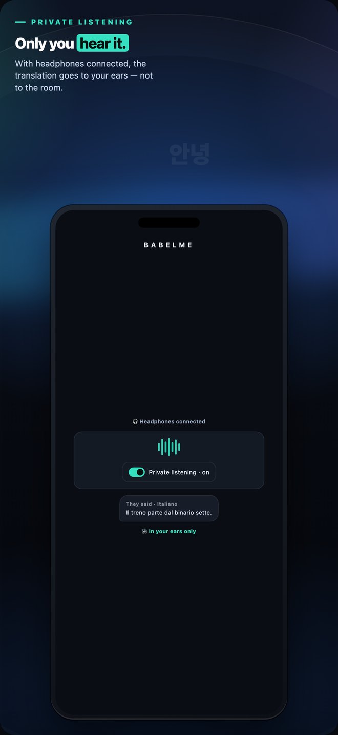 BabelMe private listening with headphones connected so audio stays in your ears