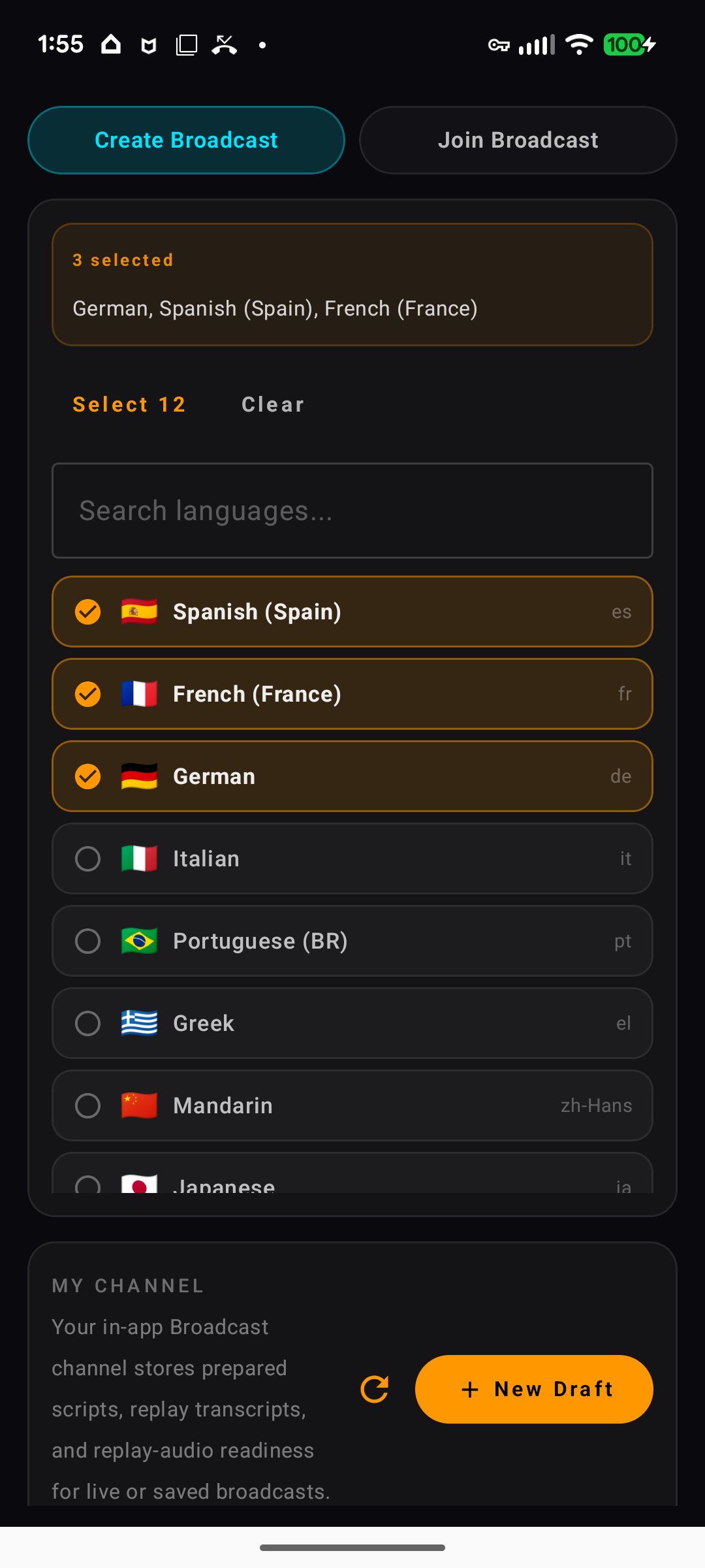 BabelMe broadcast language target screen