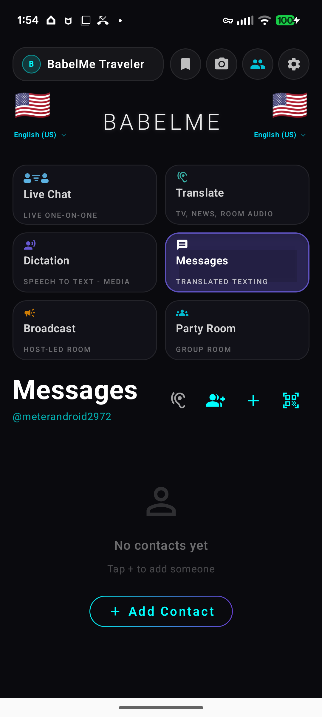 BabelMe translated Messages screen