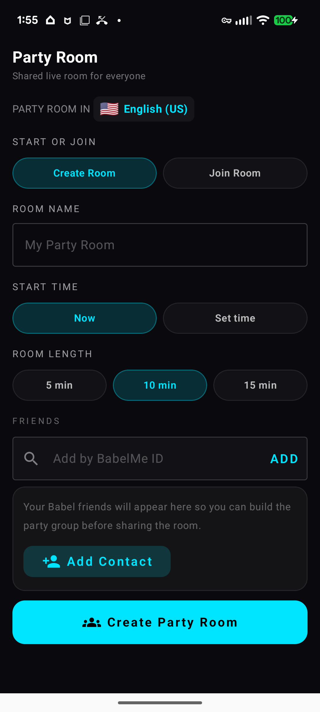BabelMe Party Room setup screen