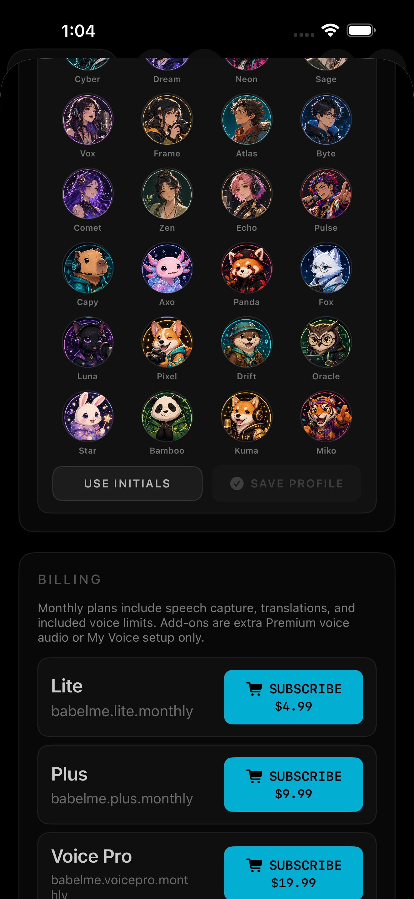 BabelMe billing and usage meters