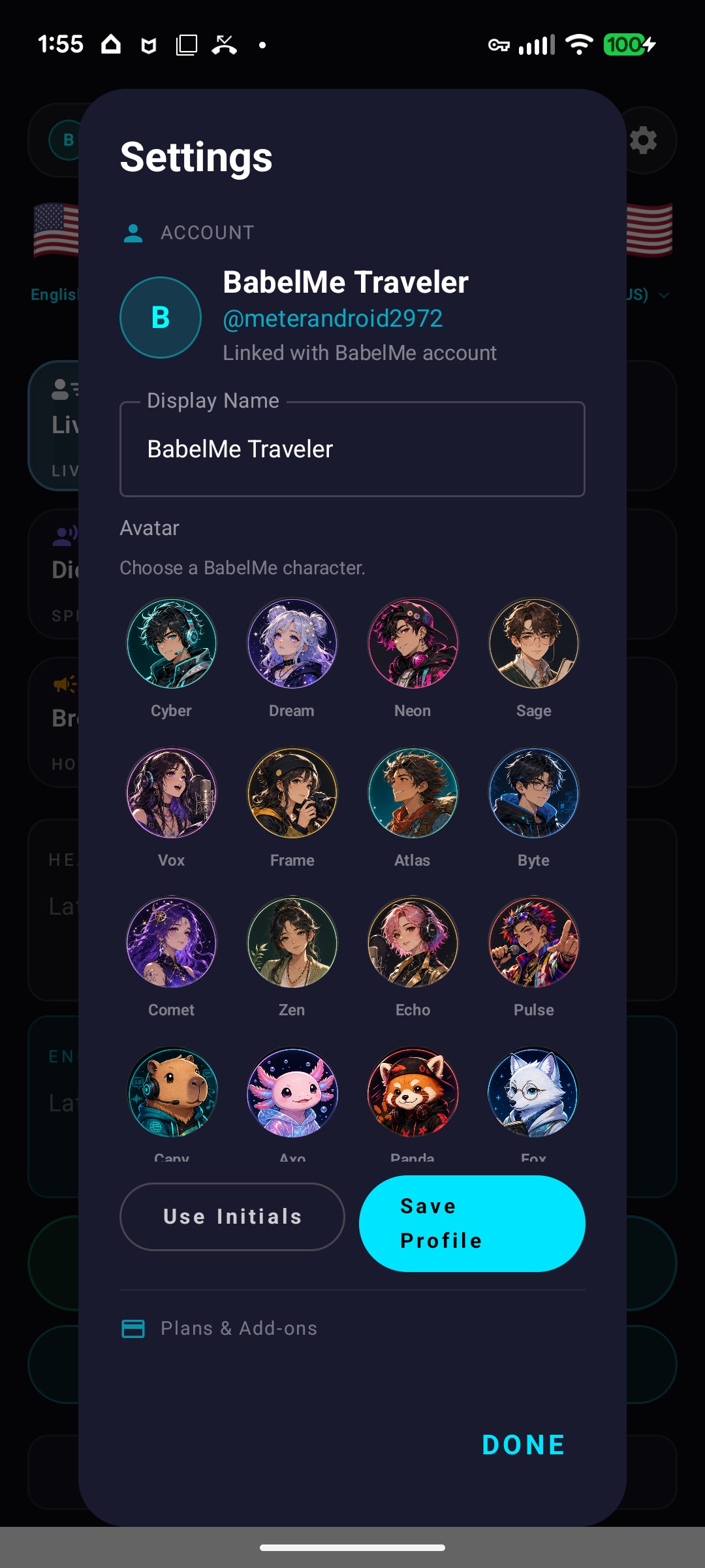 BabelMe account and voice settings
